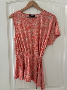 DKNY Coral and White One-Shoulder Floral Print Top